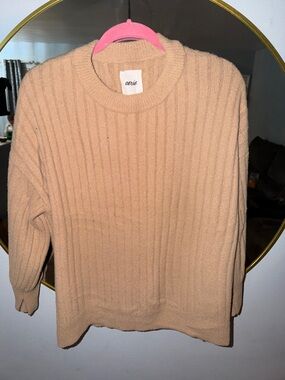 aerie Ribbed Crewneck Sweater in Tan with bubble sleeves